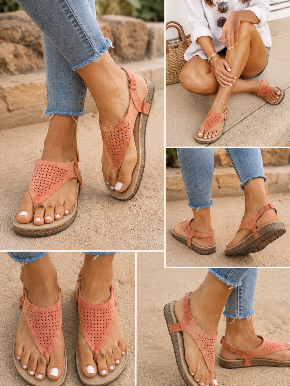 Aetrex Genuine Leather Thong Sandals Women’s Size 10 Coral Pink Comfort Footbed